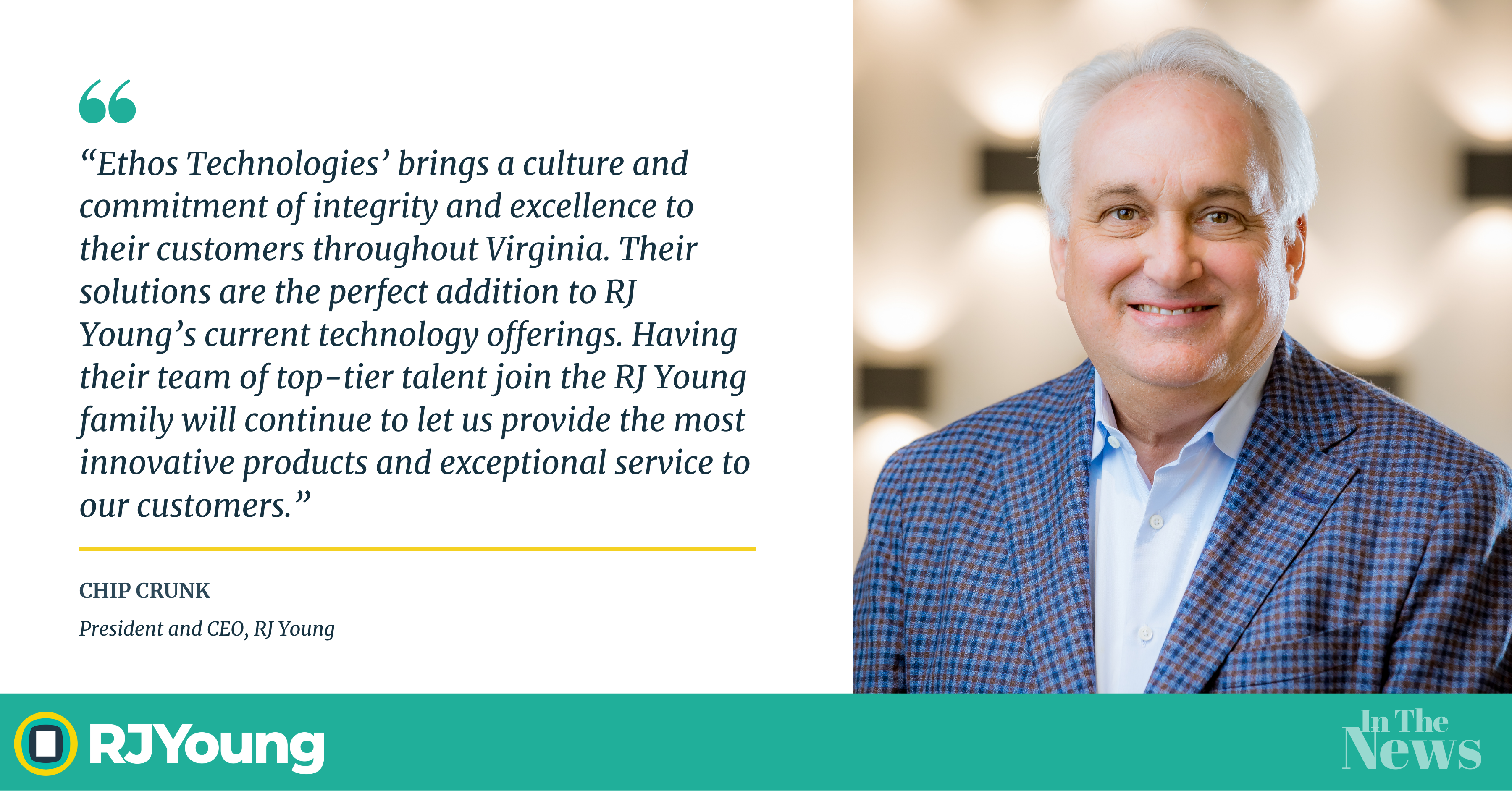 Nashville-based business technology and office equipment supplier RJ Young announced Monday its acquisition of Virginia peer Ethos Technologies.  Terms of the deal were not disclosed in a release.  Previously known as Blue Ridge Copier and headquartered in Roanoke, Ethos Technologies bills itself as among the largest office technology and IT solutions providers based in Southwest Virginia. The company was founded in 1996 and specializes in services related to cyber defense, co-managed IT and office technology equipment.  This is RJ Young’s ninth acquisition in the past five years. With the deal, the company adds Ethos Technologies’ 26 employees to its personnel roster of 600. The release does not note if Ethos Technologies will continue to operate under its name.  Chip art Chip Crunk  Courtesy of RJ Young The purchase comes as RJ Young has grown the non-equipment side of its business by 360 percent since 2019. During this time, the company has updated its brand via a new website and logo.  “Ethos Technologies’ brings a culture and commitment of integrity and excellence to their customers throughout Virginia,” RJ Young President and CEO Chip Crunk said in the release. “Their solutions are the perfect addition to RJ Young’s current technology offerings.”